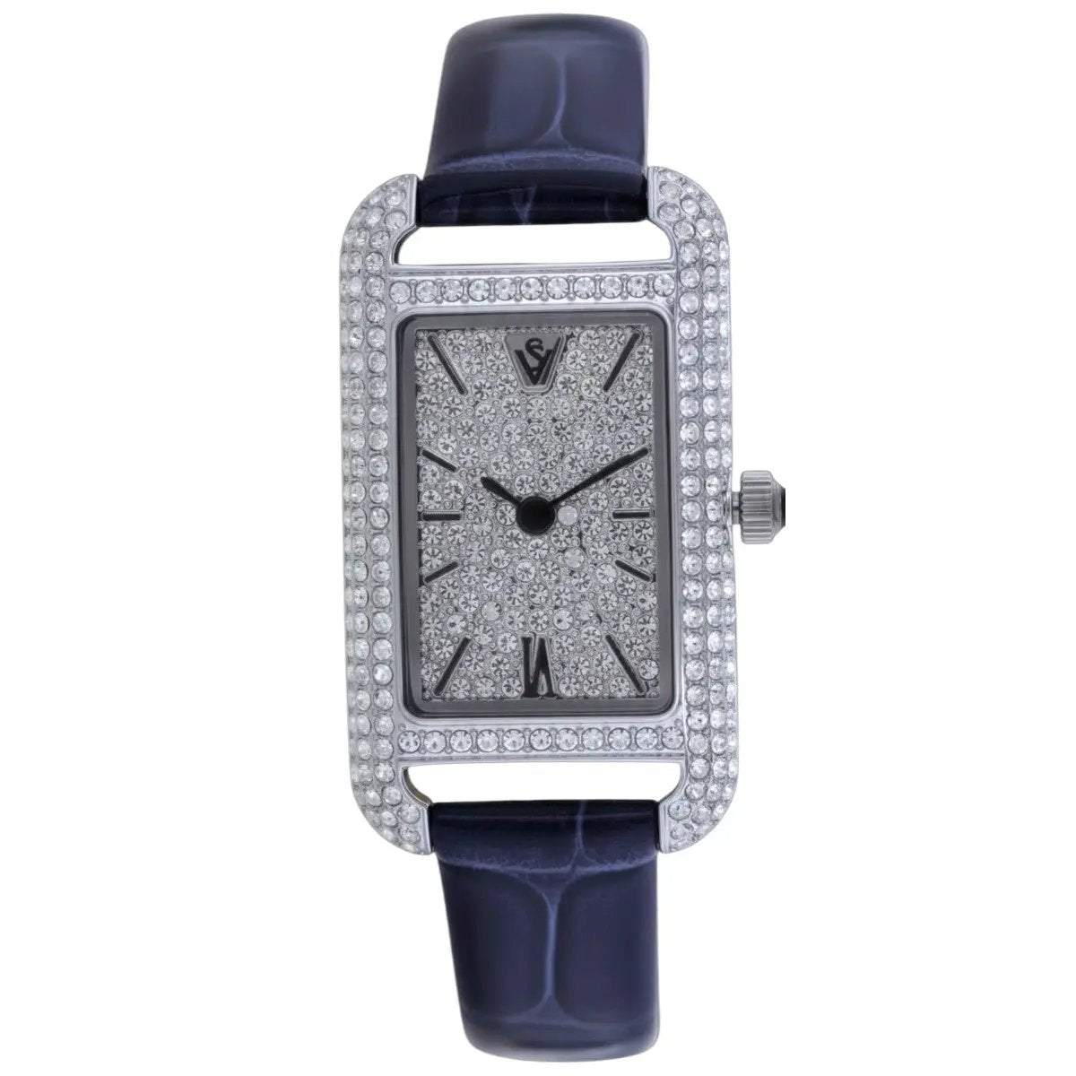 Christian Van Sant Women's Opaline crystal-embedded rectangle watch with navy strap on Tampa Home & Garden Store