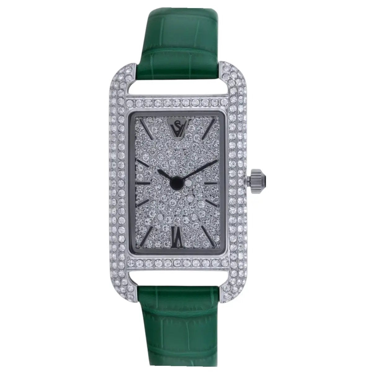 Christian Van Sant Opaline watch with diamond pave rectangular case and green leather strap on Tampa Home & Garden Store