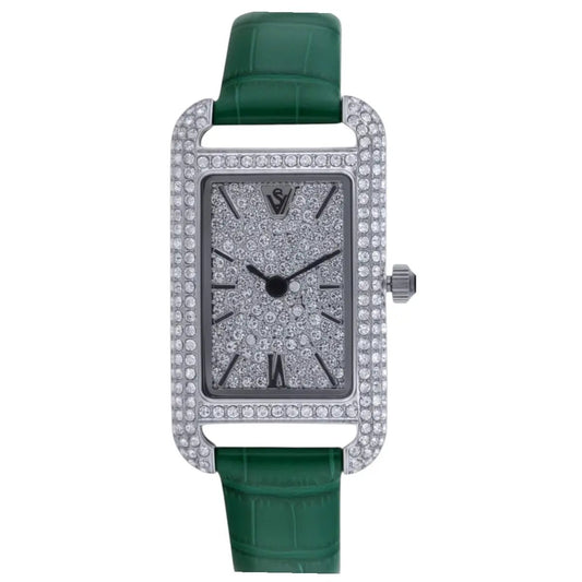 Christian Van Sant Opaline watch with diamond pave rectangular case and green leather strap on Tampa Home & Garden Store