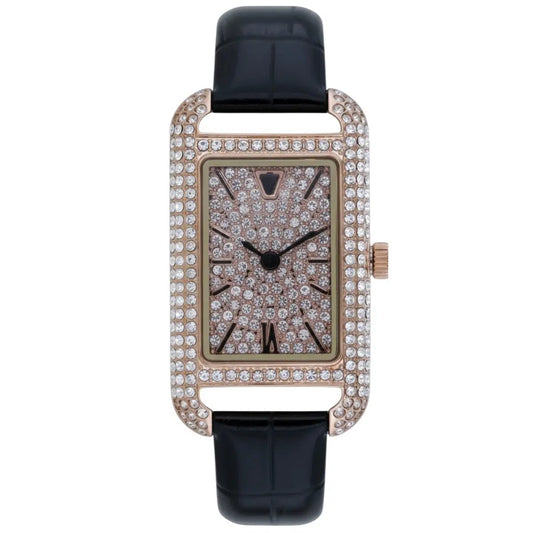 Christian Van Sant Women's Opaline watch with a rose-gold crystal-studded rectangular case and black leather strap by Bids.com on Tampa Home & Garden Store