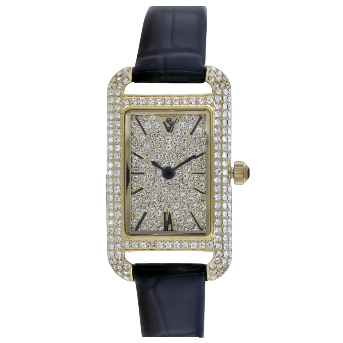 Christian Van Sant Opaline watch gold-tone rectangular case pavé diamonds black leather strap on Tampa Home & Garden Store