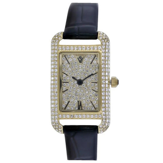Christian Van Sant Opaline watch gold-tone rectangular case pavé diamonds black leather strap on Tampa Home & Garden Store