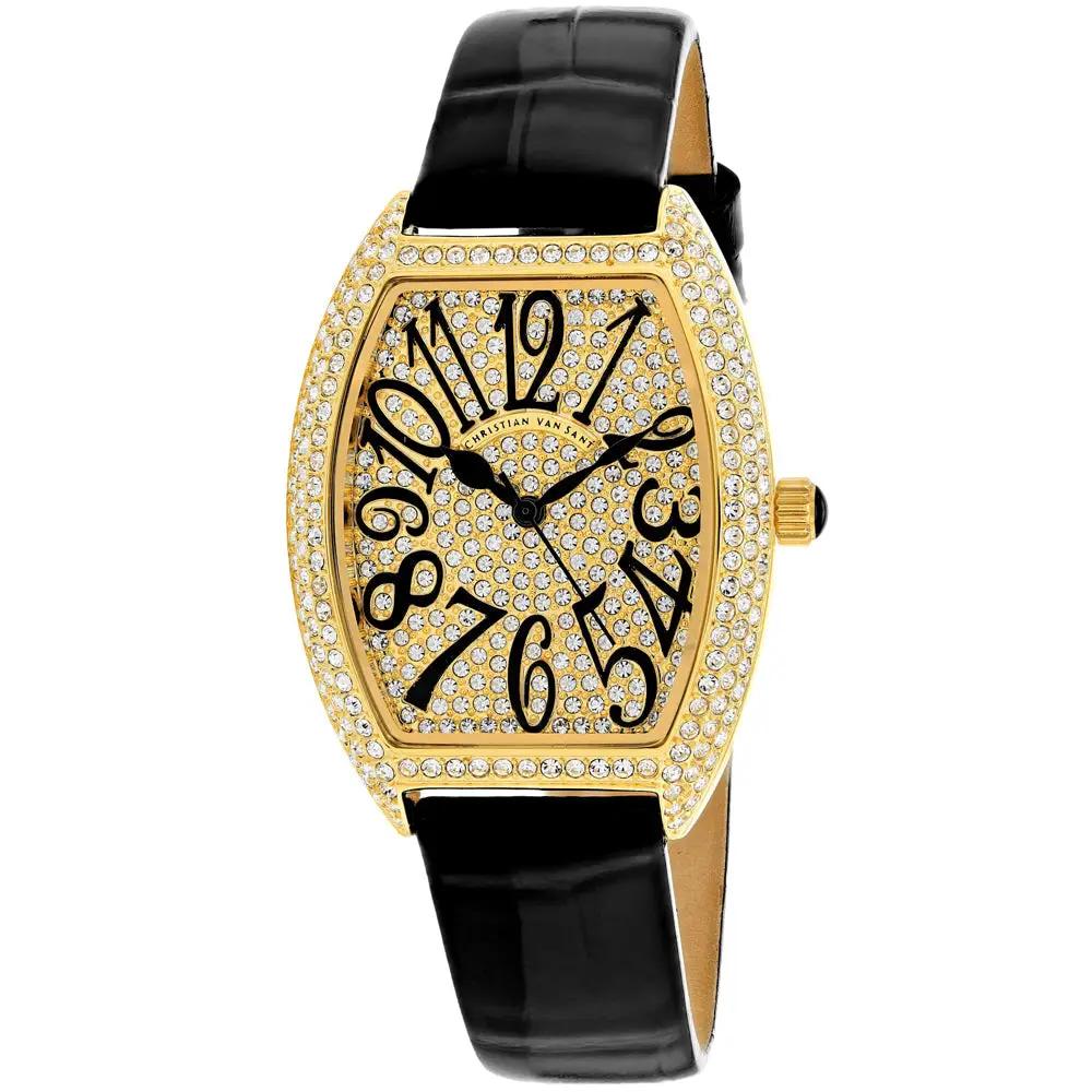 Watch Christian Van Sant women's elegant gold-tone diamond bezel with black leather strap on Tampa Home & Garden Store