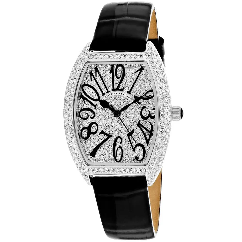 Christian Van Sant women's elegant watch with diamond-paved case and black leather strap on Tampa Home & Garden Store