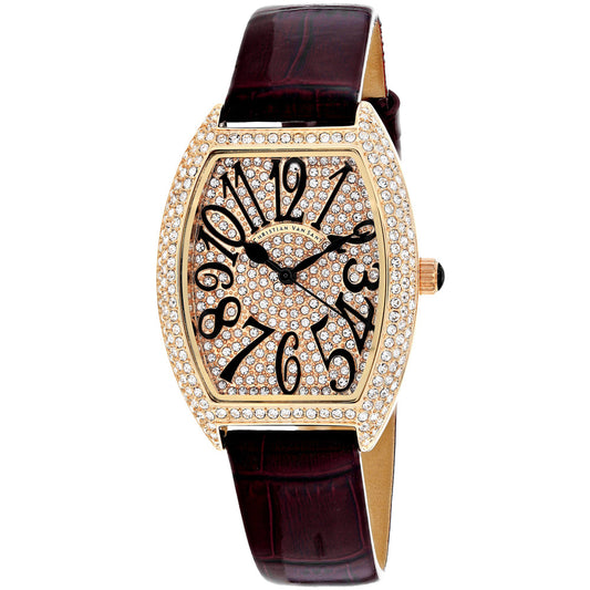Christian Van Sant women's crystal-encrusted gold-tone watch with burgundy leather strap on Tampa Home & Garden Store