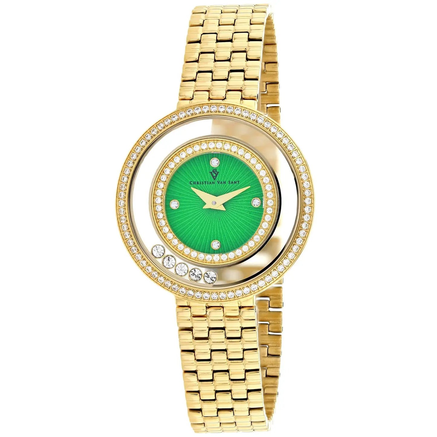 Christian Van Sant women's gold-tone watch with green dial and crystal bezel on Tampa Home & Garden Store