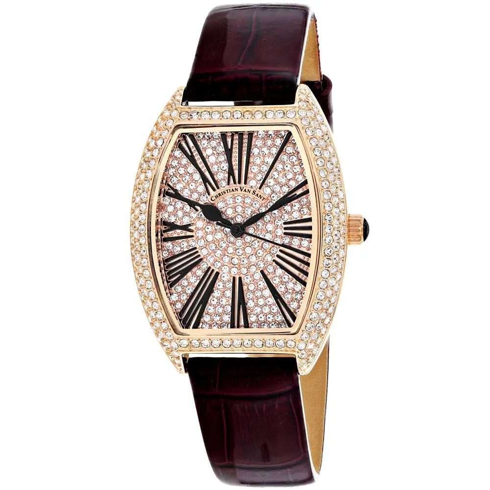 Christian Van Sant women's chic watch with rose gold-tone case, crystal pavé bezel, burgundy leather strap on Tampa Home & Garden Store