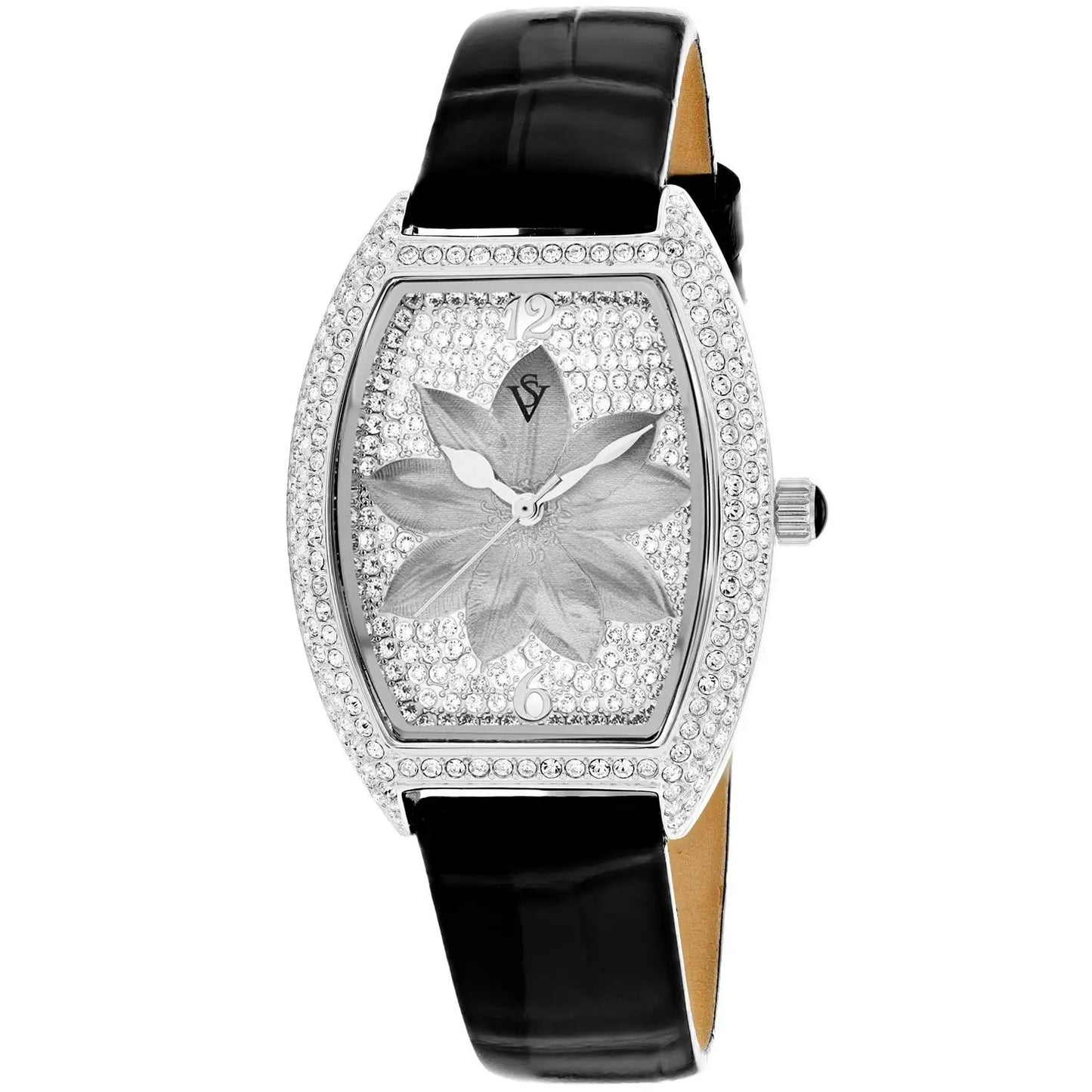 Christian Van Sant Lotus women's watch by Bids.com crystal bezel floral dial black leather strap on Tampa Home & Garden Store