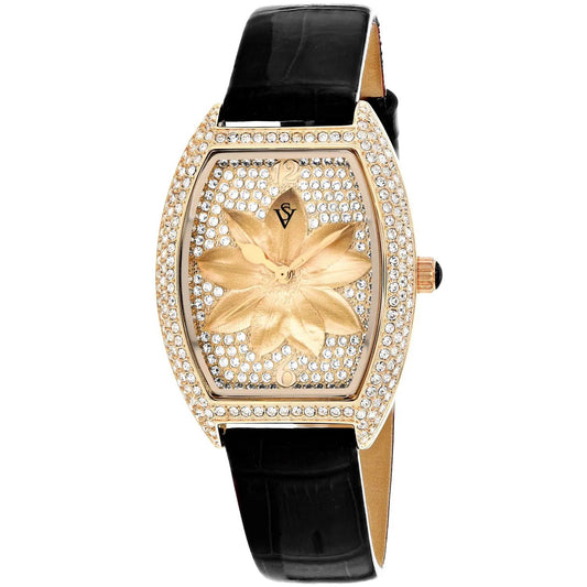 Women's Lotus watch by Bids.com, gold-tone case with crystal pave bezel and black leather strap on Tampa Home & Garden Store