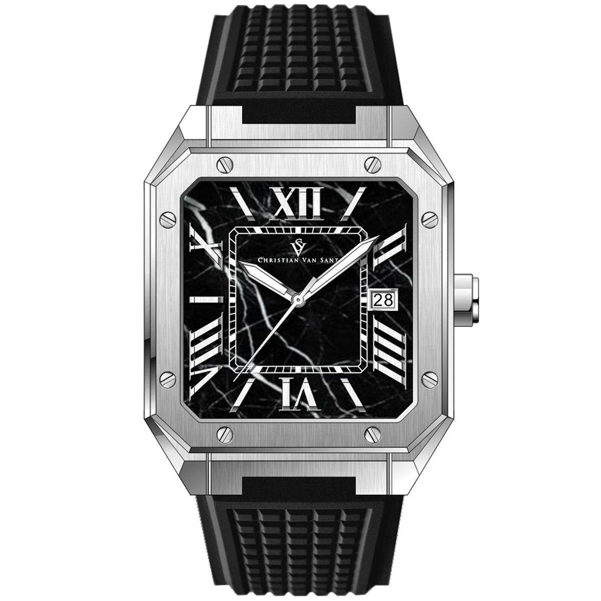 Christian Van Sant men's mosaic watch with square steel case, black marble dial, date window on Tampa Home & Garden Store