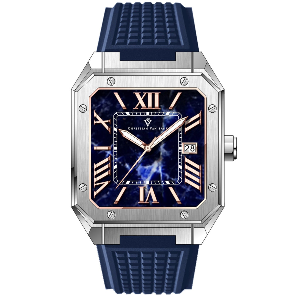 Watch Christian Van Sant Mosaic square steel case blue dial numerals date window blue strap on Tampa Home & Garden Store