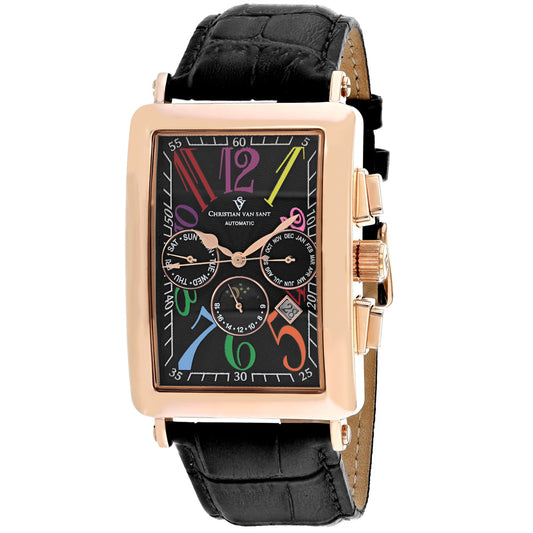 Christian Van Sant Prodigy watch with rose gold rectangular case, black leather strap on Tampa Home & Garden Store