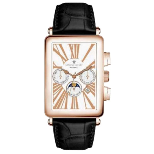 Christian Van Sant Prodigy watch with rose-gold rectangular case and black leather strap on Tampa Home & Garden Store