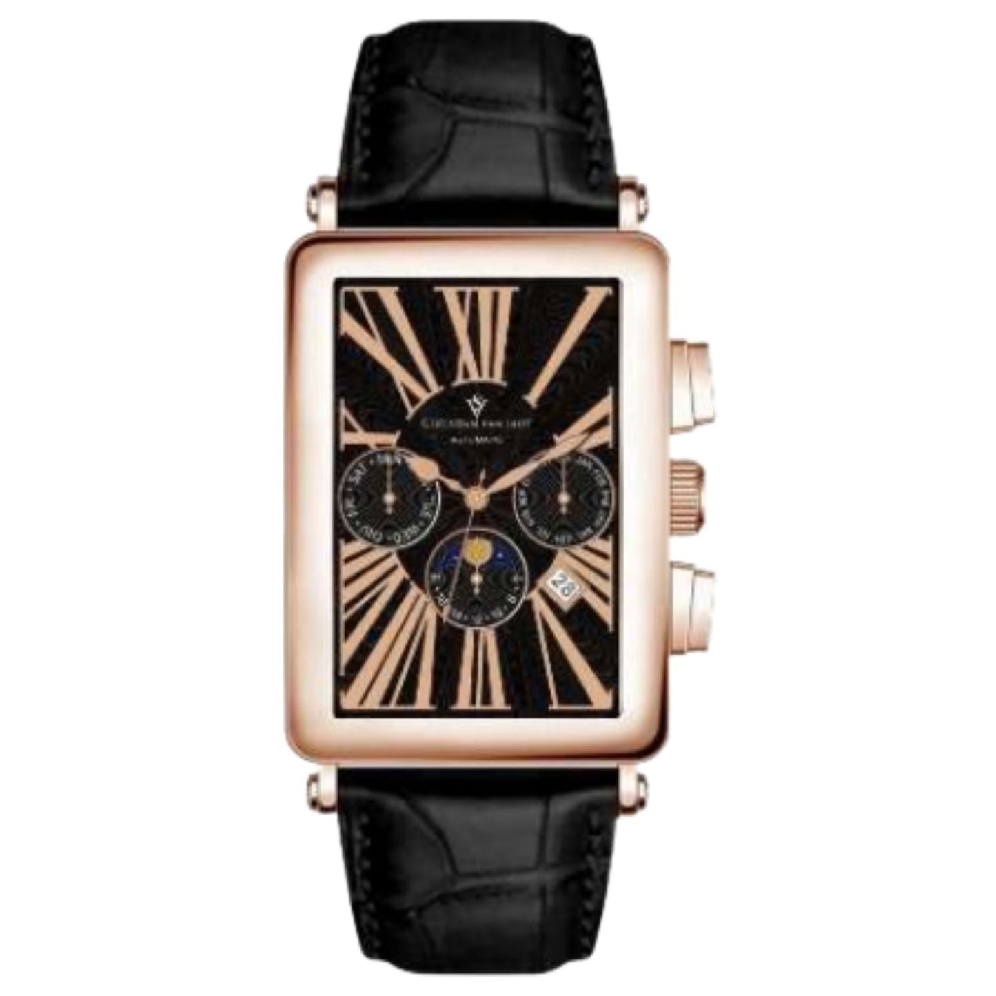 Christian Van Sant Prodigy men's watch with rose-gold case, black dial, leather strap on Tampa Home & Garden Store