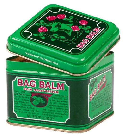 Two green Bag Balm Skin Moisturizer tins, green metal 4 oz with Vermont's Original label on Tampa Home & Garden Store