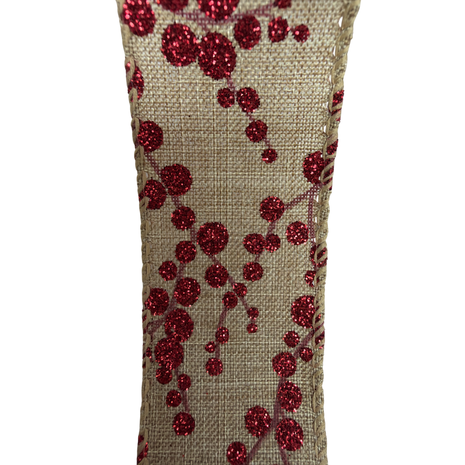 Burlap Berry Ribbon 1.5 inch by the yard natural burlap with red glitter berry clusters on Tampa Home & Garden Store