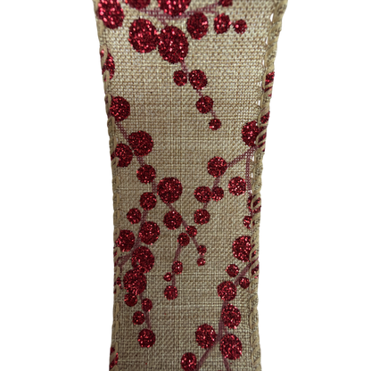 Burlap Berry Ribbon 1.5 inch by the yard natural burlap with red glitter berry clusters on Tampa Home & Garden Store