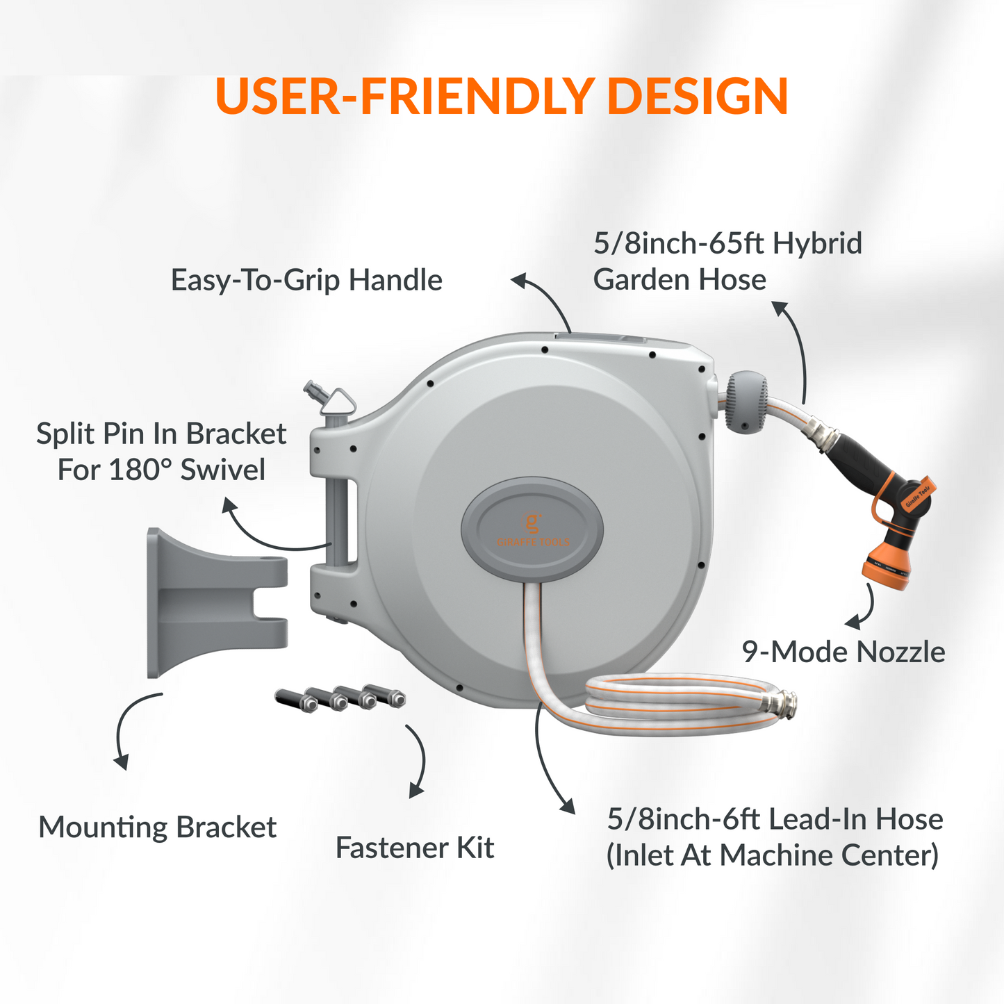 Enrouleur de tuyau d'arrosage rétractable - 5/8 po - 65 pi