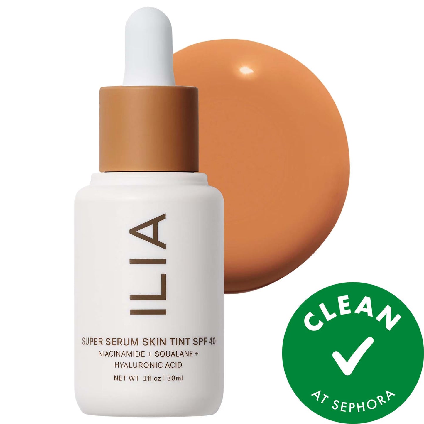 Ilia Super Serum Skin Tint SPF40 foundation with white dropper against orange backdrop on Tampa Home & Garden Store