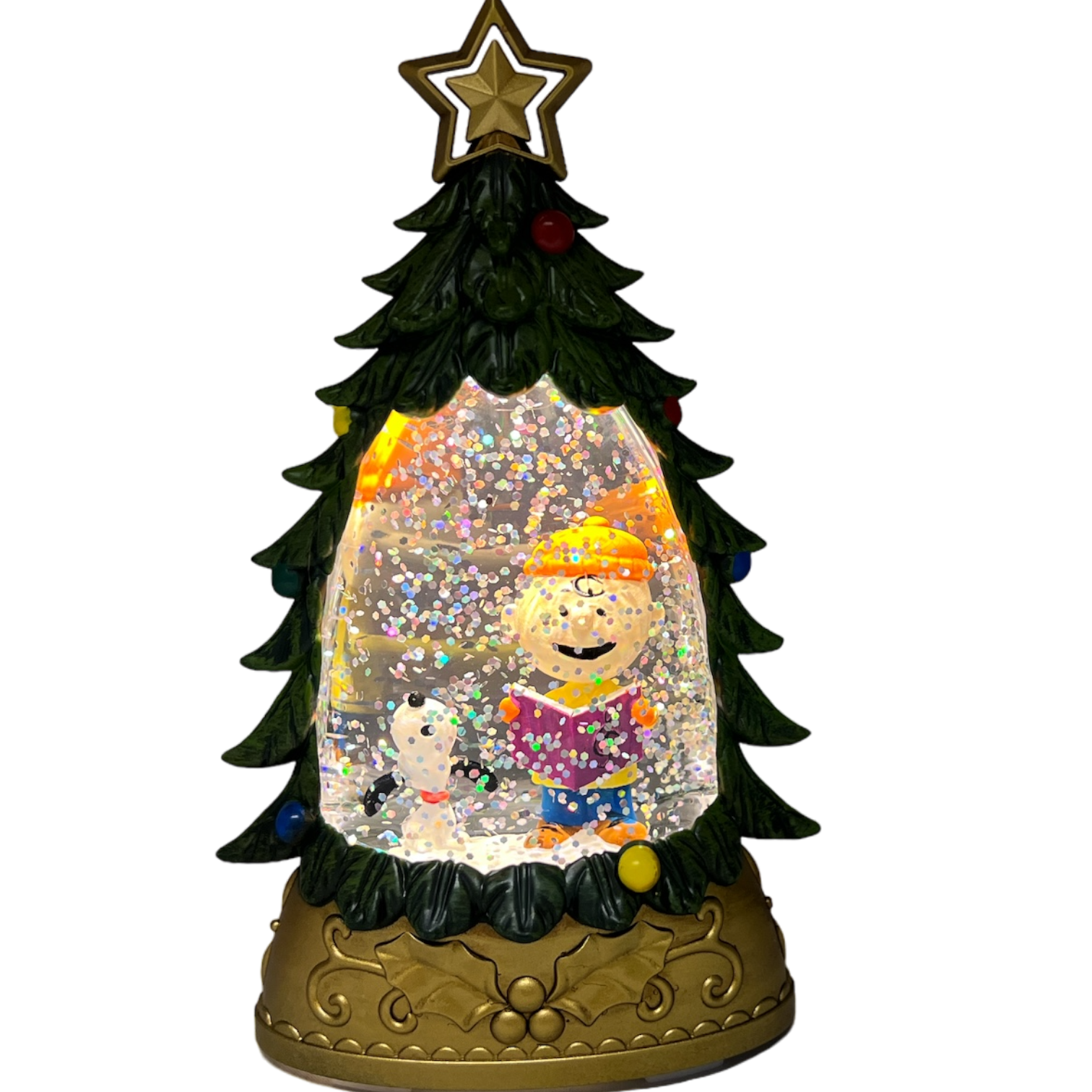 Lighted Snoopy Shimmer Tree snow globe with green pine frame and star topper on Tampa Home & Garden Store