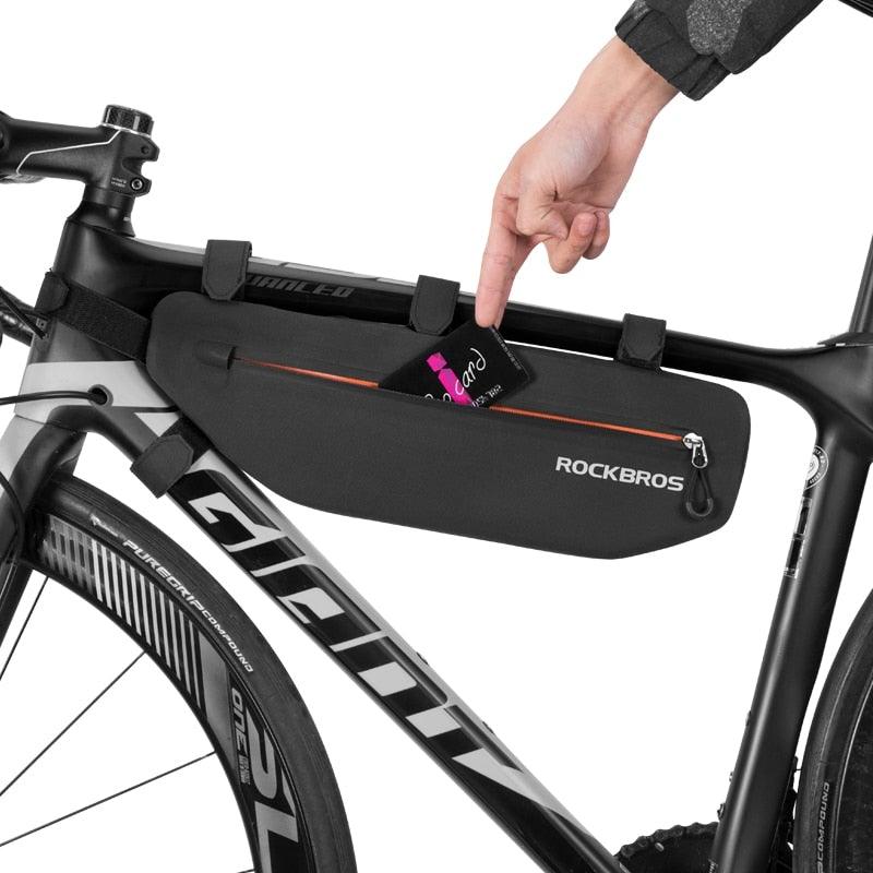 RockBros top-tube frame bag on a black road bike; waterproof, dirt-resistant with orange zipper on Tampa Home & Garden Store