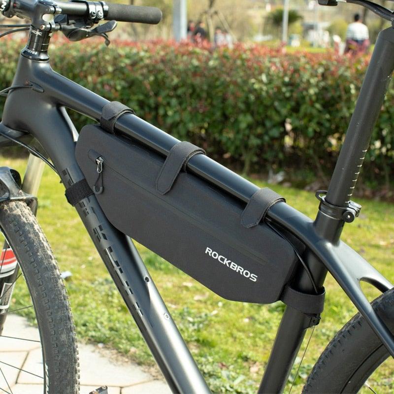 Bike frame bag RockBros waterproof top tube pouch with dual straps on a matte gray bicycle on Tampa Home & Garden Store