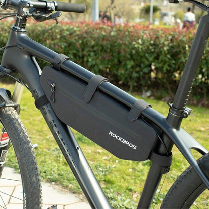Bike frame bag RockBros waterproof top tube pouch with dual straps on a matte gray bicycle on Tampa Home & Garden Store