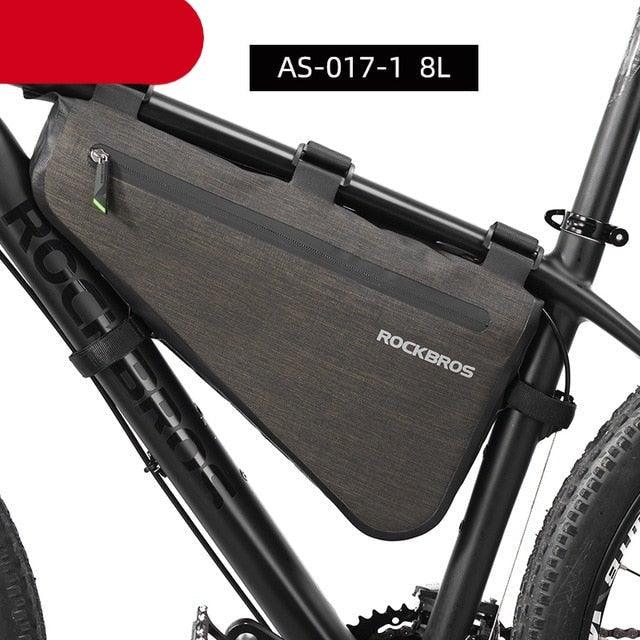ROCKBROS top tube front frame bag on black bike; dark gray waterproof zipper pouch on Tampa Home & Garden Store