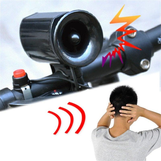 Stevvex black bicycle horn alarm on handlebars with six-sound siren tones on Tampa Home & Garden Store