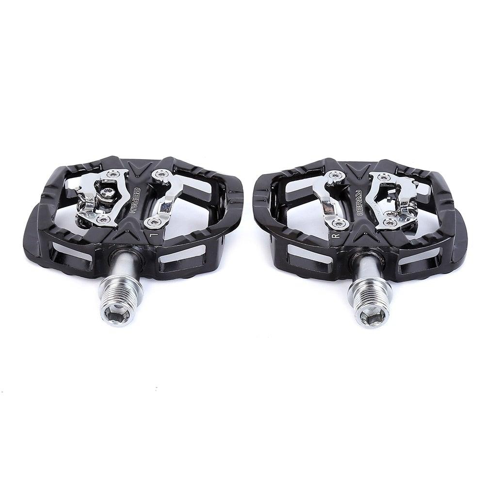 Stevvex clipless bicycle pedals, black platform with silver inner mechanism, pair on Tampa Home & Garden Store