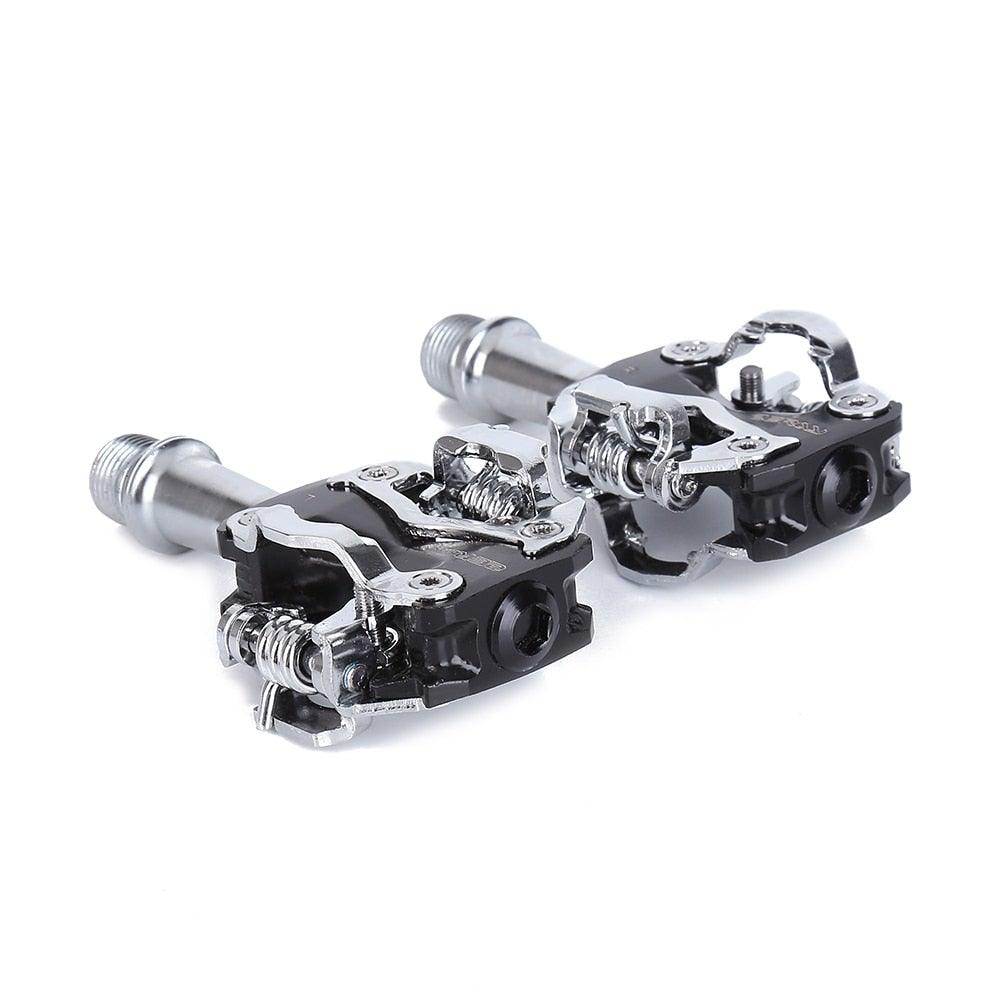 Stevvex clipless bicycle pedals, black with silver hardware, pair for road and mountain use on Tampa Home & Garden Store