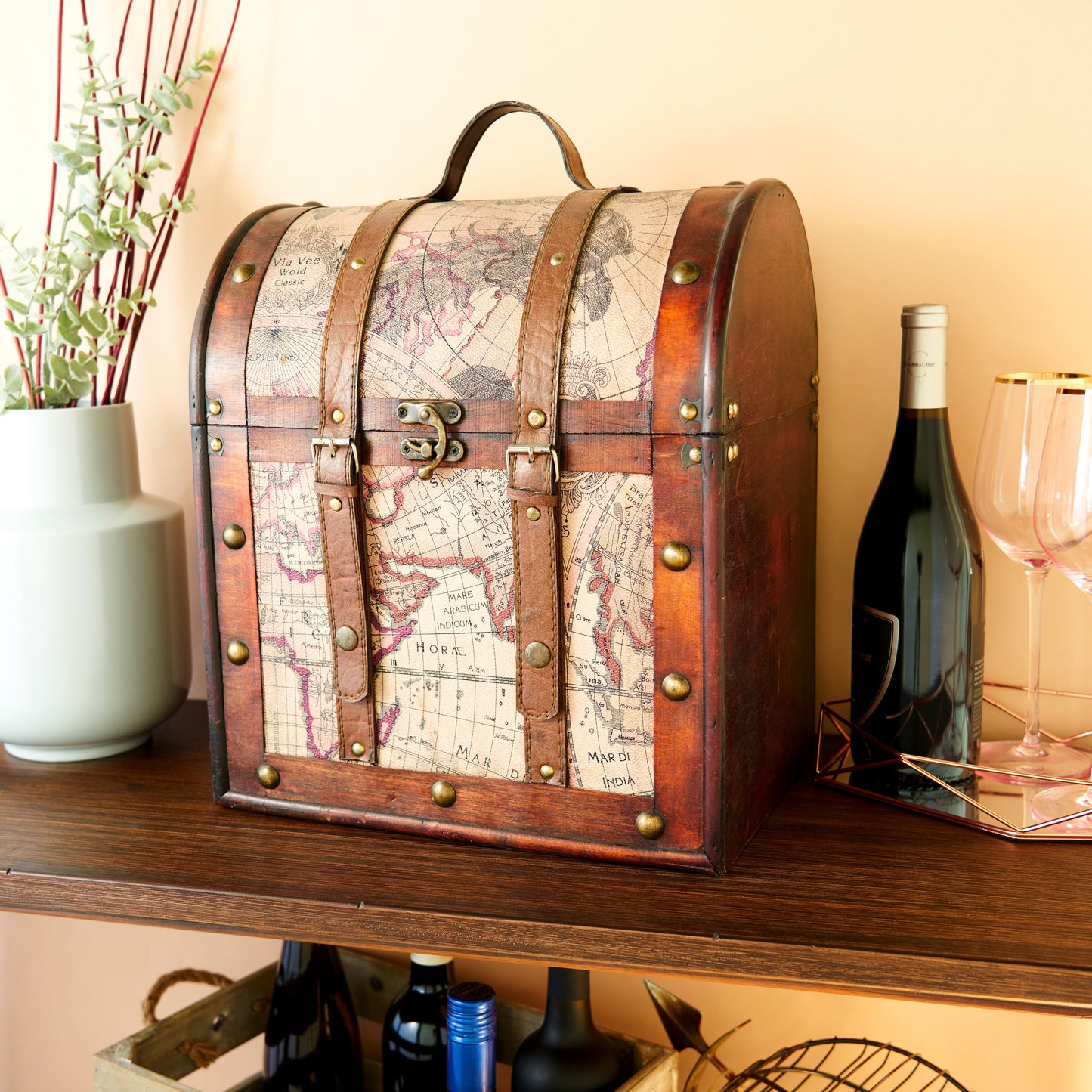 Six Bottle Old World Teak and Leather Wine Box