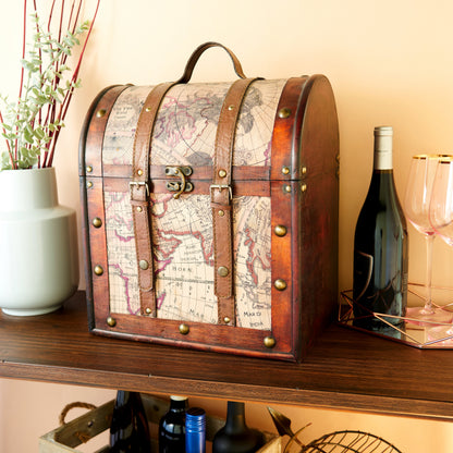 Six Bottle Old World Teak and Leather Wine Box