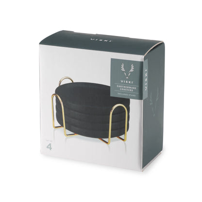 Black Earthenware Coasters with Gold Stand Set of 4