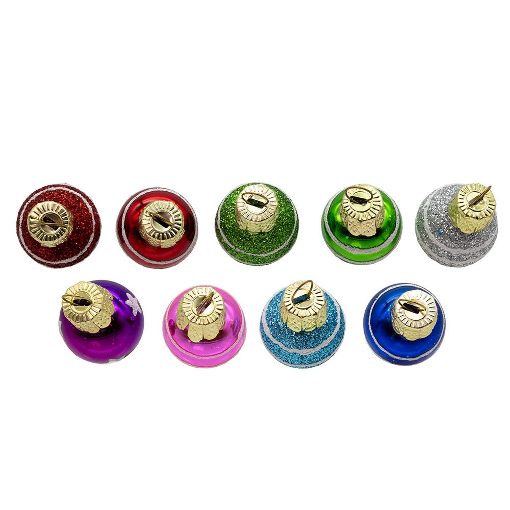 Miniature glass ball ornaments set of 9 in red, green, blue, purple, pink with gold caps on Tampa Home & Garden Store