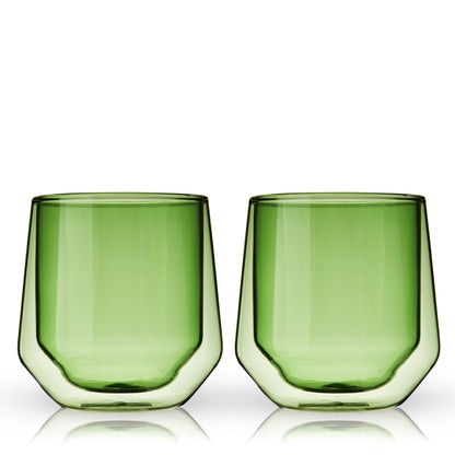 Set of Bottle Green Double Wall Lowball Glasses