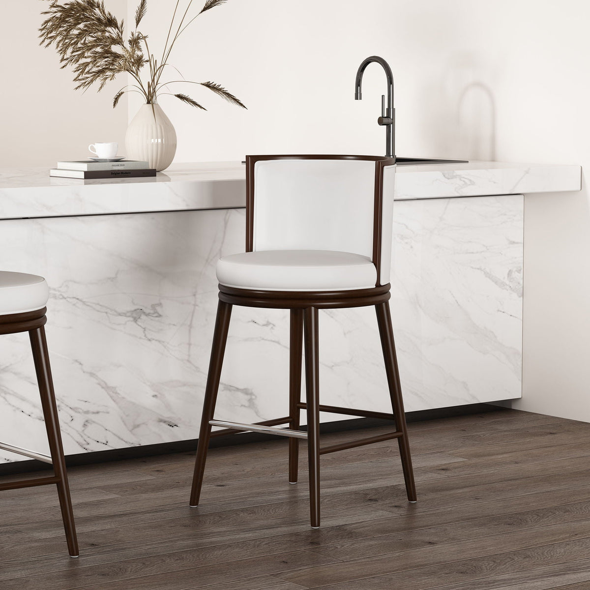 Evalyn Barstools, 28-30 bar height, dark wood with white seat on Tampa Home & Garden Store