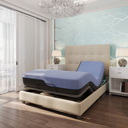 12-inch Refresh Flex Head Hybrid GelCare Memory Foam Mattress blue cover on adjustable base on Tampa Home & Garden Store