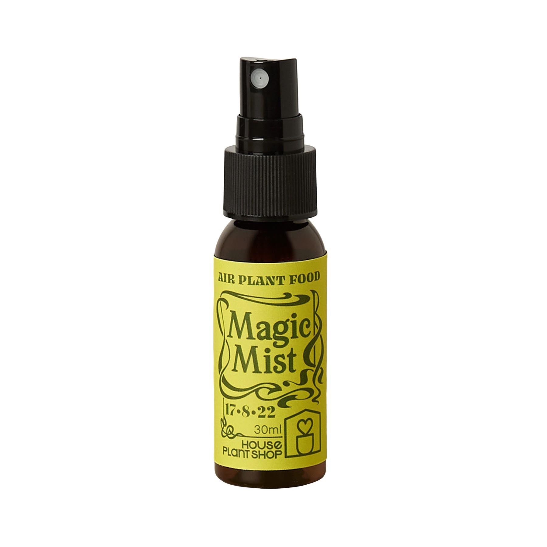 Tillandsia air plant fertilizer spray bottle with black pump and yellow label Magic Mist on Tampa Home & Garden Store