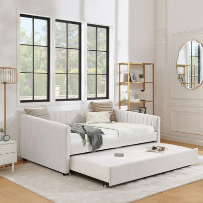 Upholstered daybed with vertical gray stripe fabric and pull-out trundle on Tampa Home & Garden Store