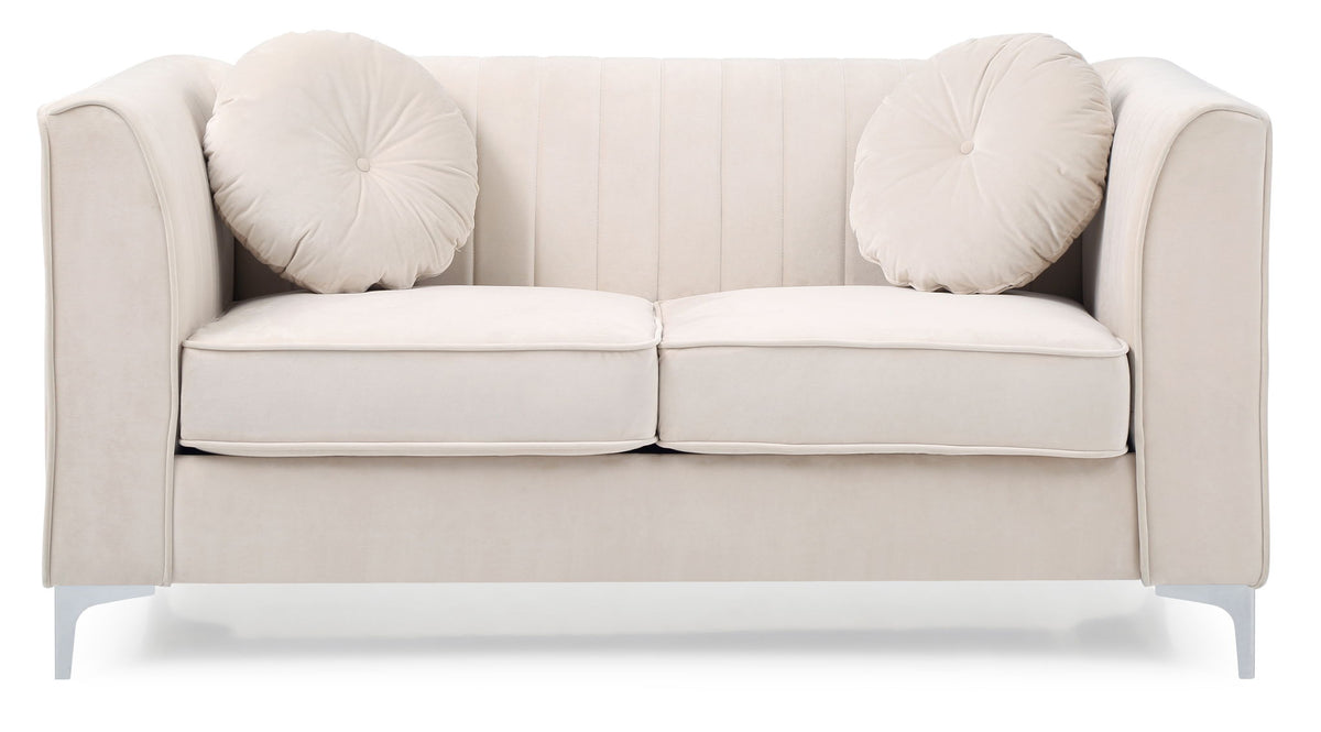 Glam Micro Suede Loveseat with Channel Quilting in beige 2 round pillows by HouseOfZazla on Tampa Home & Garden Store