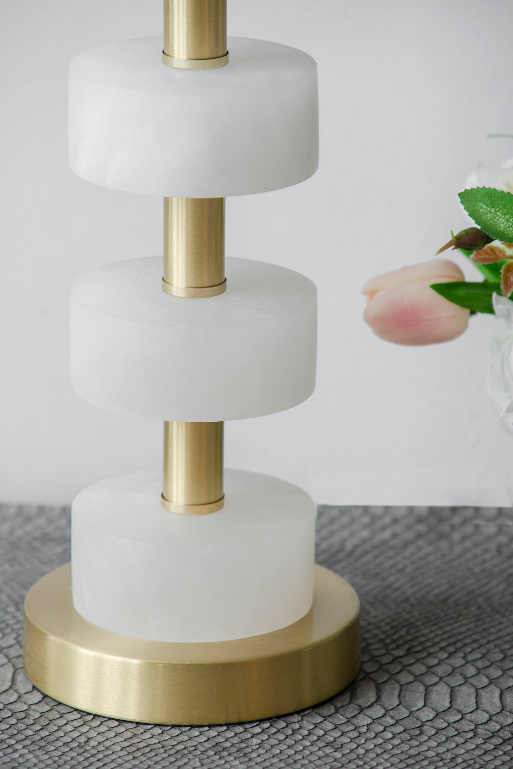13x13x26 Marble Table Lamp by HouseOfZazla with white marble cylinders and brass stem on Tampa Home & Garden Store