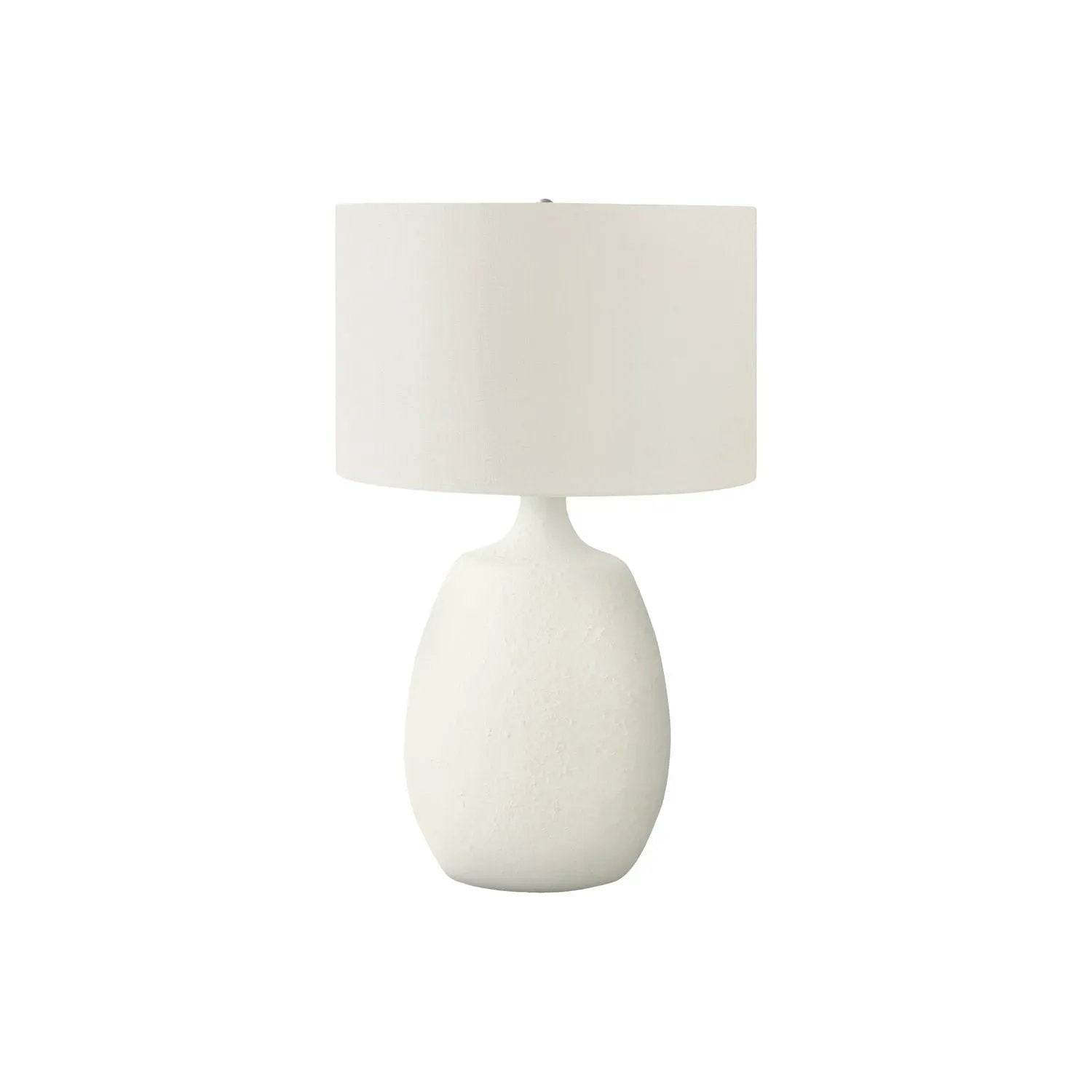 Table lamp in cream resin with a bulbous base and cream fabric drum shade on Tampa Home & Garden Store