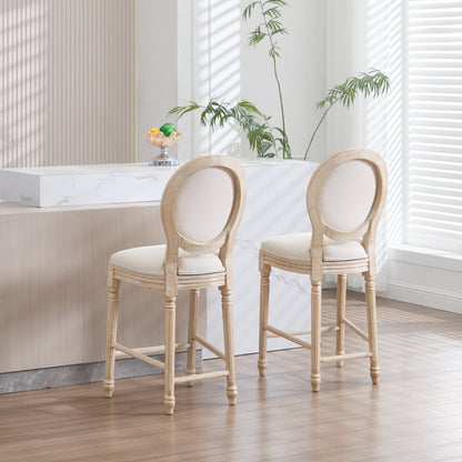 French Country 26in bar chairs set of 2 with wood frames and beige cushions at marble counter on Tampa Home & Garden Store