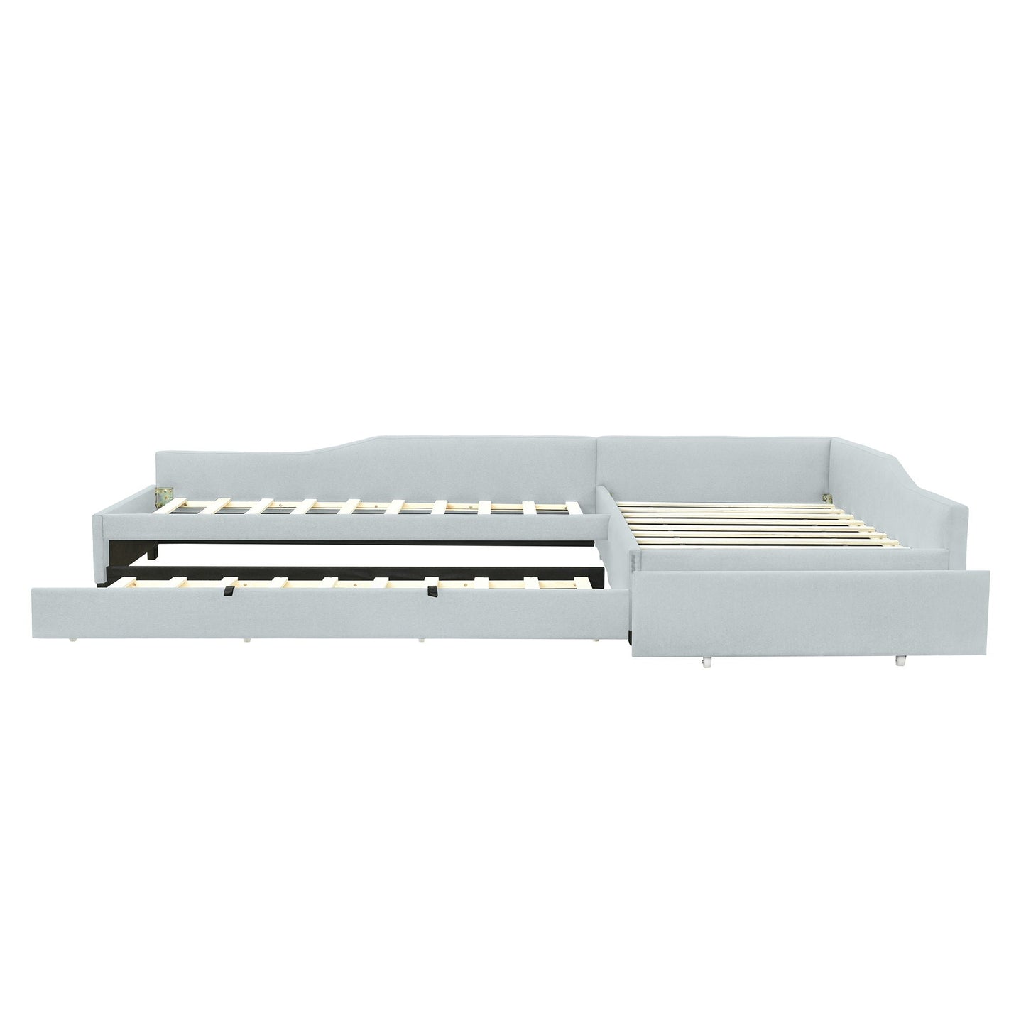 Upholstered gray double daybed with pull-out trundle and drawer on Tampa Home & Garden Store