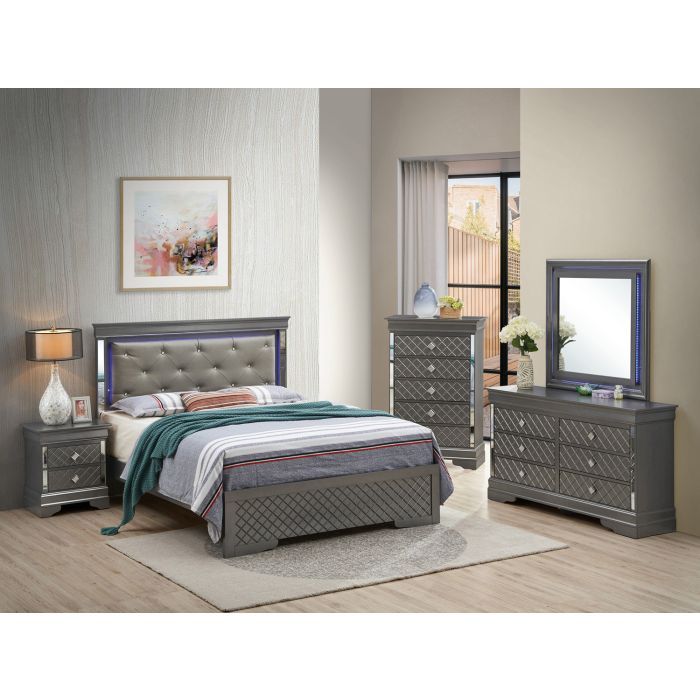 Bed With LED Light Accents Headboard in grey tufted upholstery with two nightstands on a modern bedroom set on Tampa Home & Garden Store