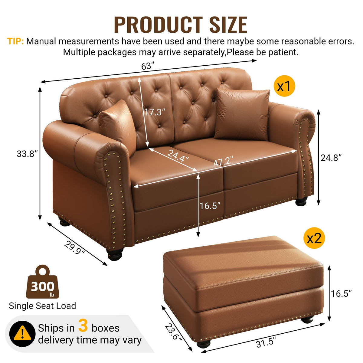 Upholstered Sofa with Nailhead and Ottoman