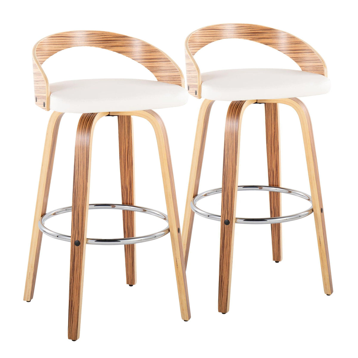 Contemporary swivel barstool pair with curved wood veneer backs, white cushions, chrome footring on Tampa Home & Garden Store