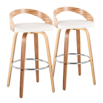 Contemporary swivel barstool pair with curved wood veneer backs, white cushions, chrome footring on Tampa Home & Garden Store