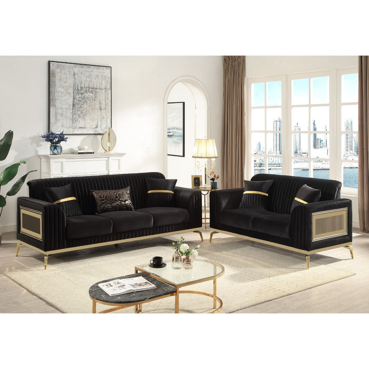 Antigua 2 piece living room set in black velvet with gold metal accents; sofa & loveseat on Tampa Home & Garden Store
